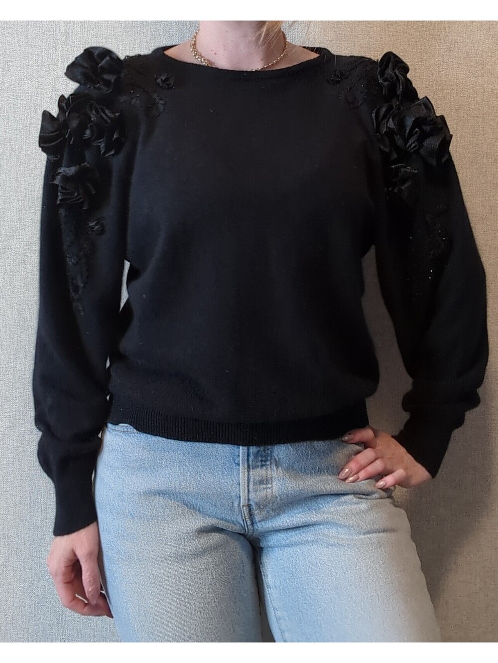 Vintage 80s silk & angora knit sweater with rosette shoulders